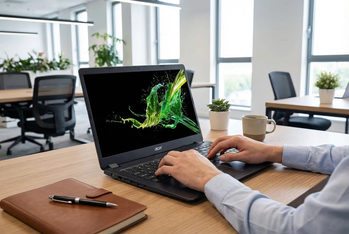 Image of an office worker using an Acer Aspire 5 laptop