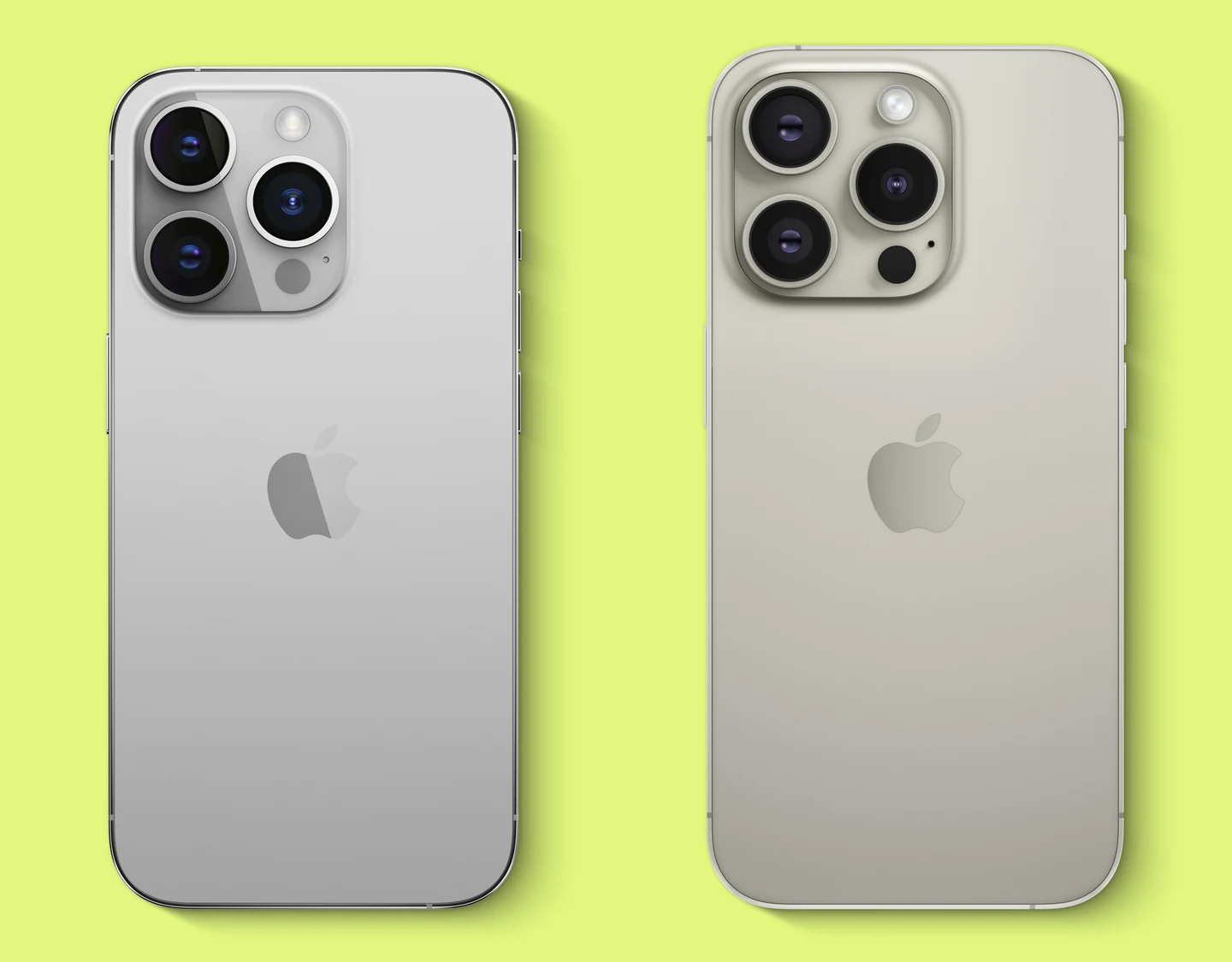 An iPhone 14 Pro Max and iPhone 15 Pro Max compared in hand.