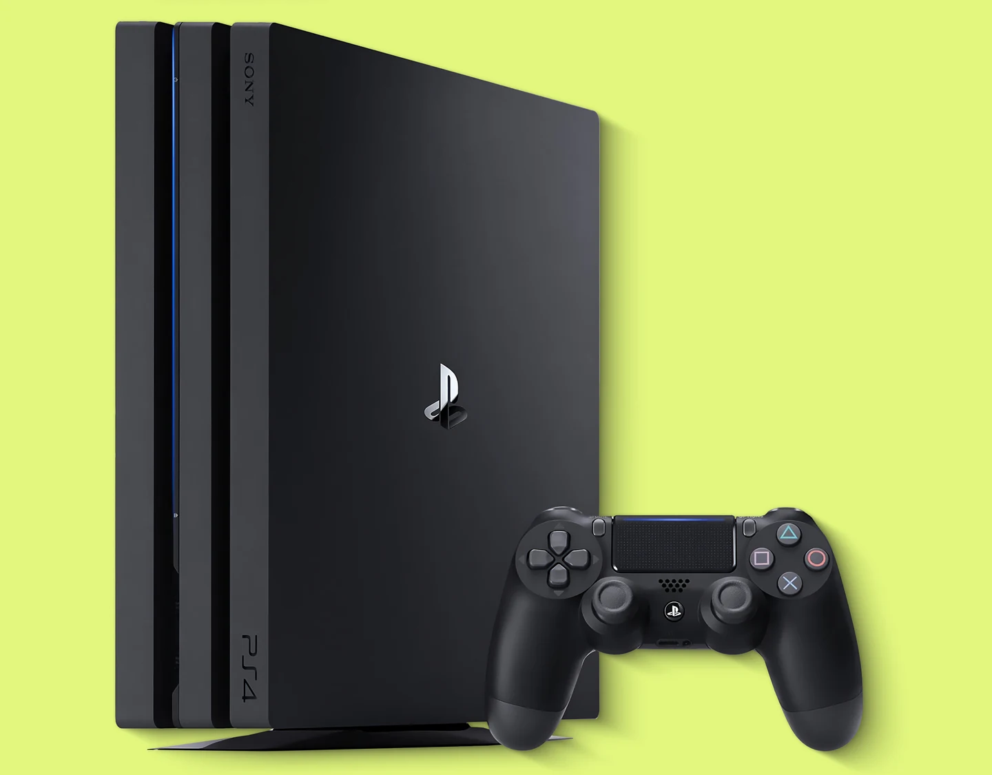 The PS4 Pro console shown from the front.
