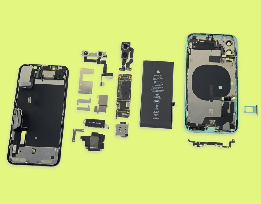 Close-up of the bottom of the inside of an iPhone showing the components