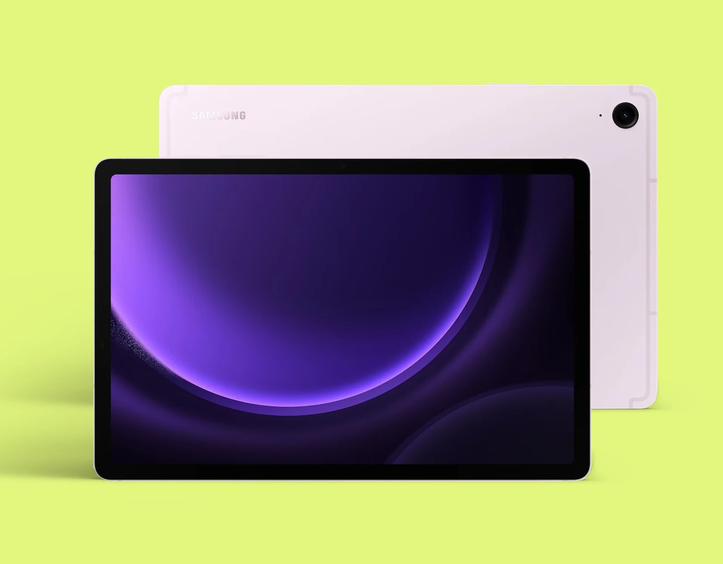 Samsung Galaxy Tab S9 FE lying flat on a surface with the S Pen magnetically attached to the side.