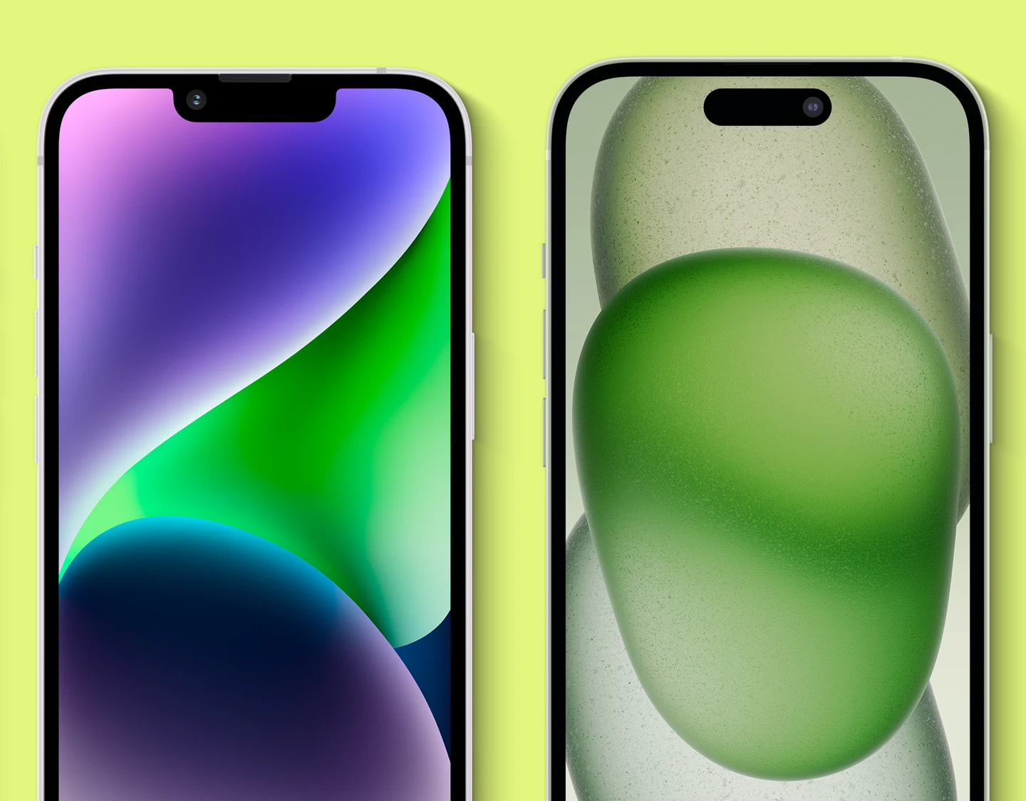 The iPhone 14 notch compared with the iPhone 15 Dynamic Island.