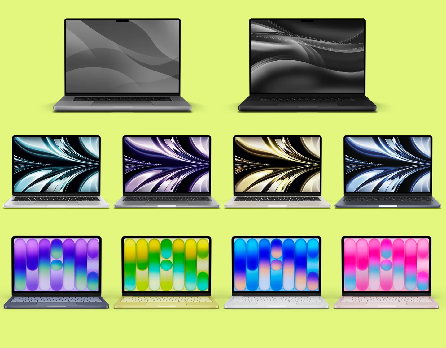 Color palette of the MacBook Neo, MacBook Air, and MacBook Pro laptops side by side.