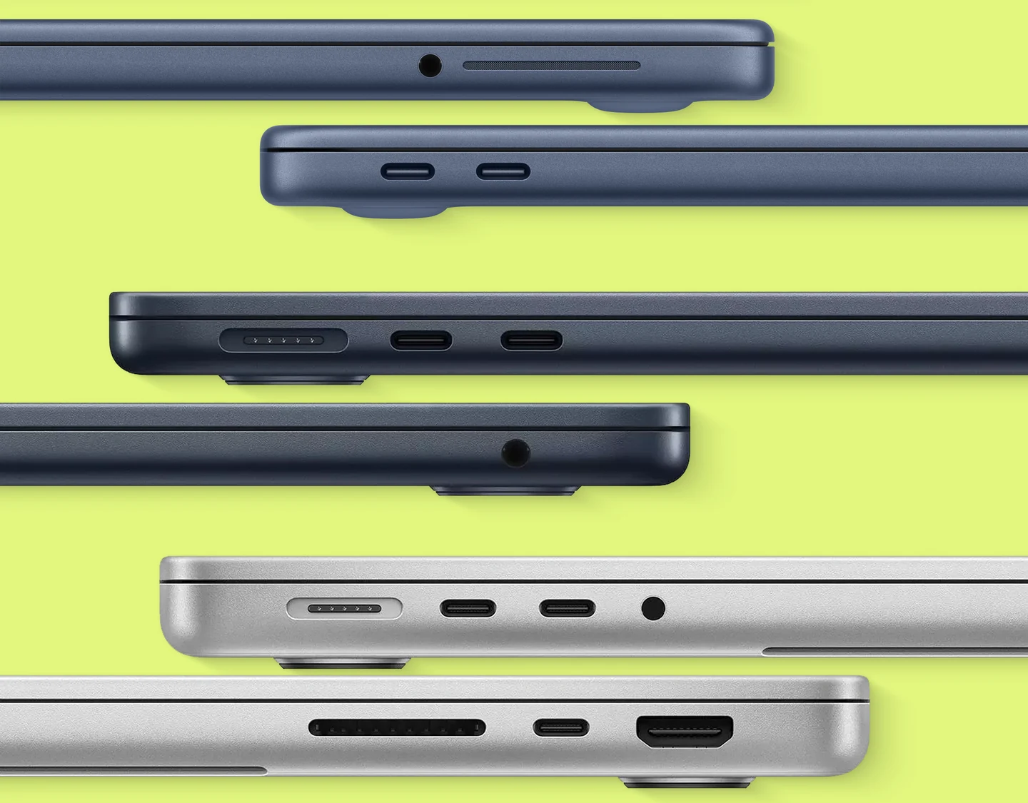 MacBook Neo, MacBook Air, and MacBook Pro side-by-side comparison of port layouts and connectivity options.