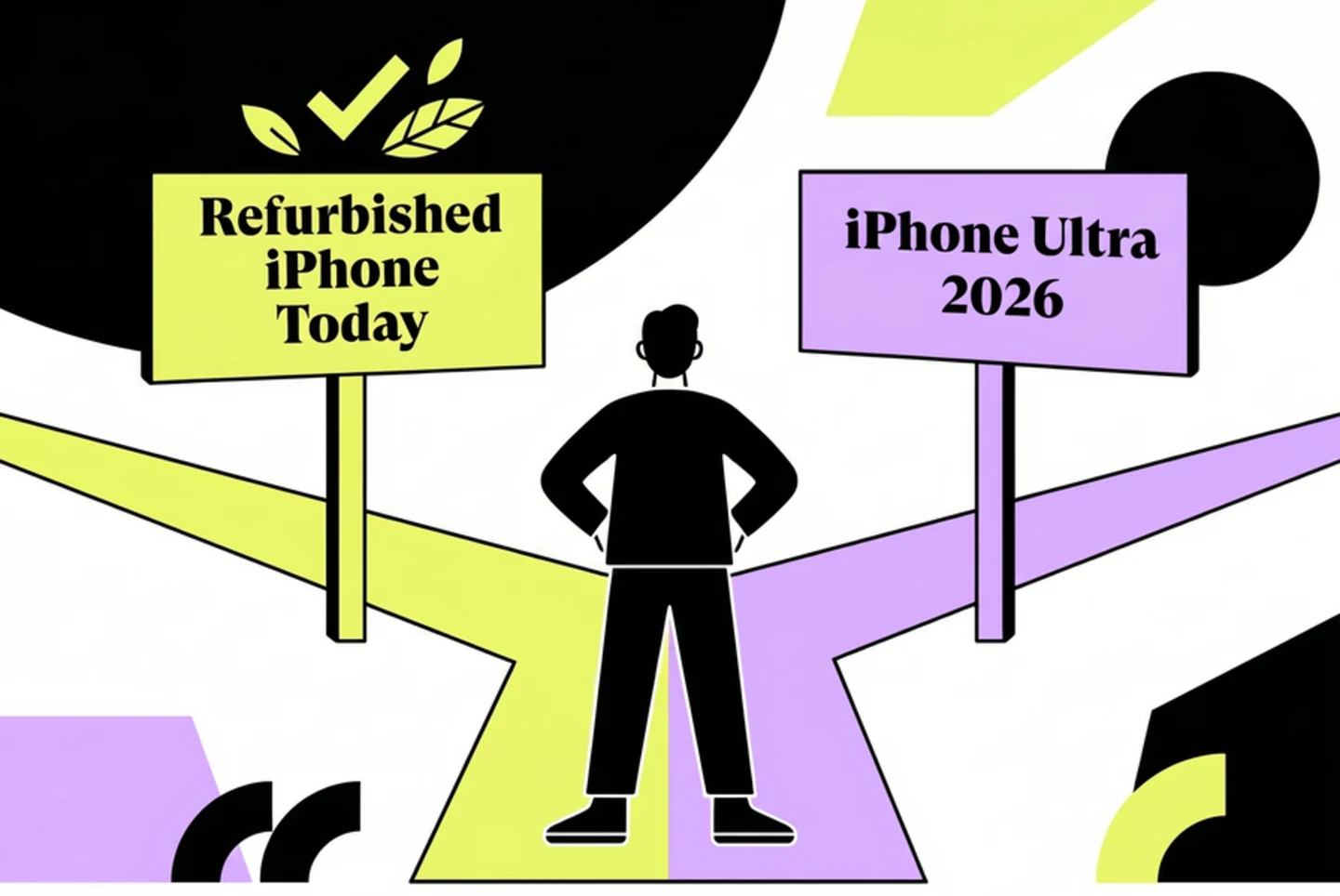 Illustration showing a person at a crossroads with "iPhone Ultra 2026" on one path and "Refurbished iPhone Today" on the other