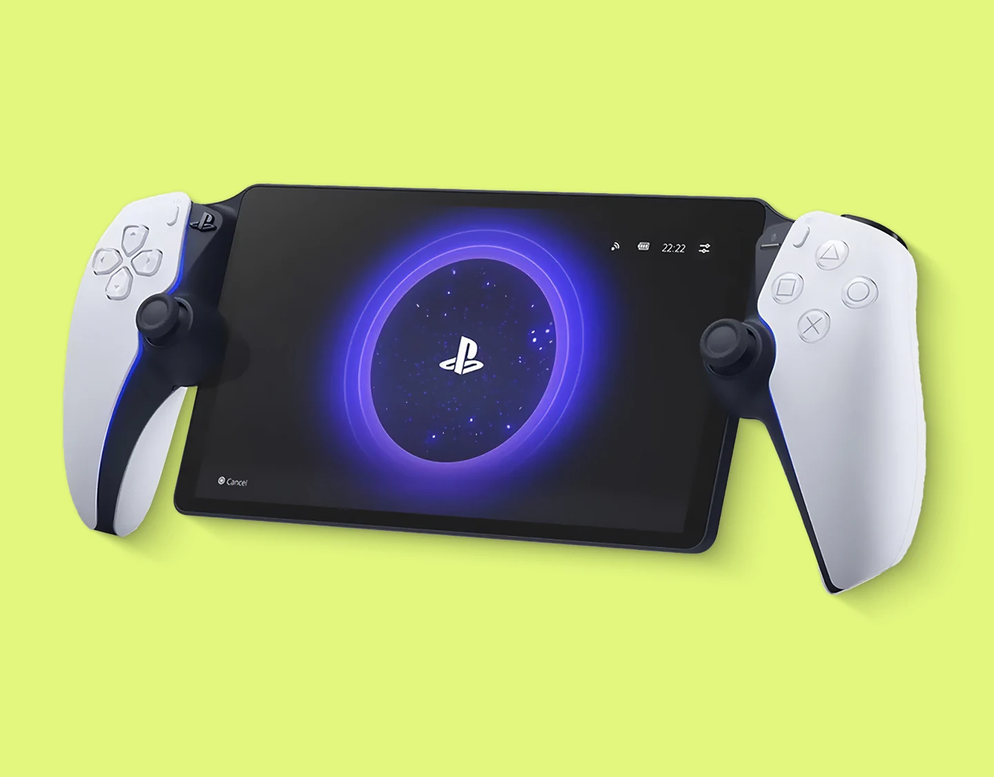 The PS Portal showcasing its central screen flanked by DualSense-style grips. 