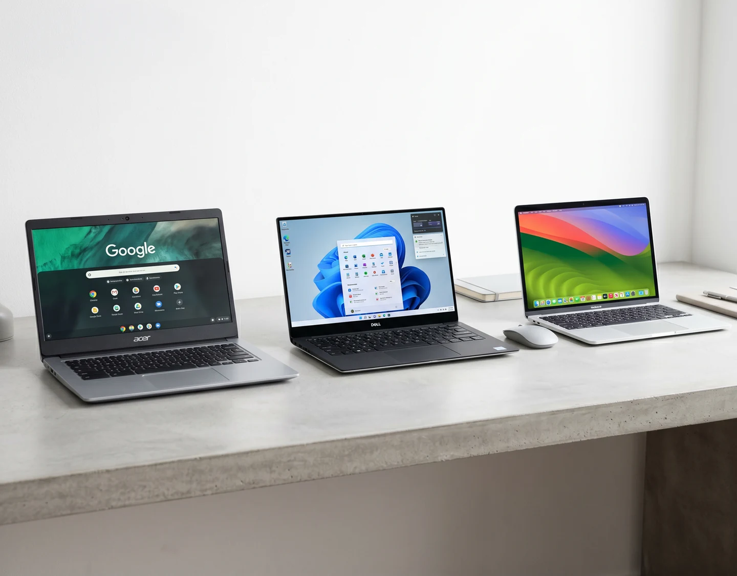 A Chromebook, Chromebook Plus, Windows laptop, and MacBook shown side by side.