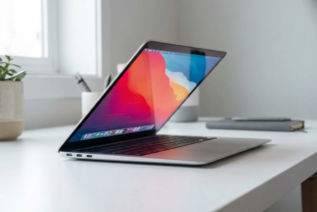 Angled view of MacBook Air M1 showing how slim it is.