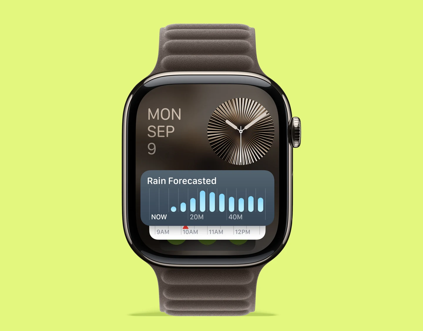 An Apple Watch 10 with a digital watch face displaying the time.