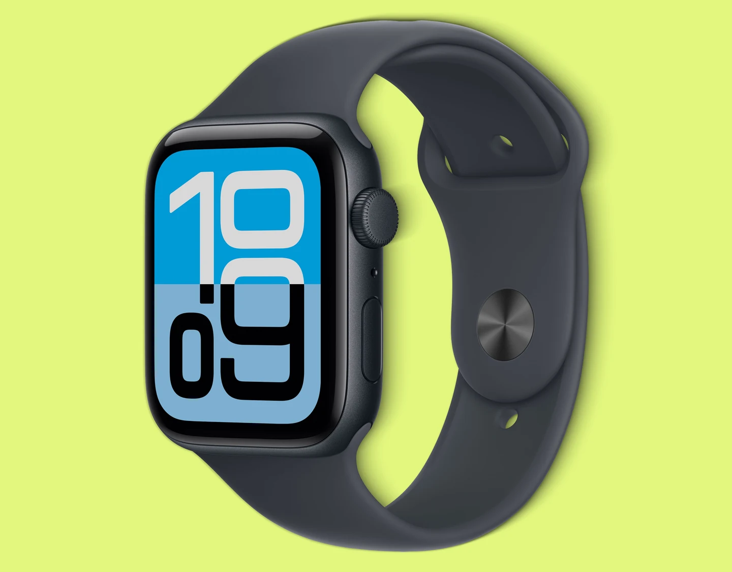 An angled view of an Apple Watch SE 3 in Midnight showing the color contours.