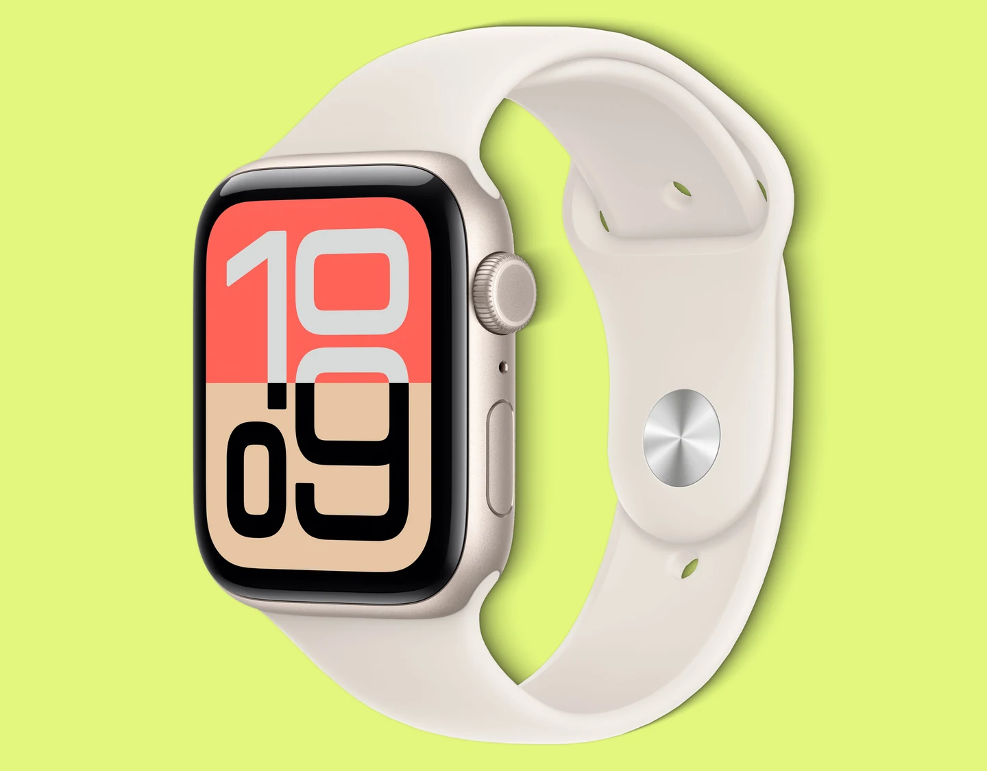An angled view of an Apple Watch SE 3 in Starlight showing the color contours.