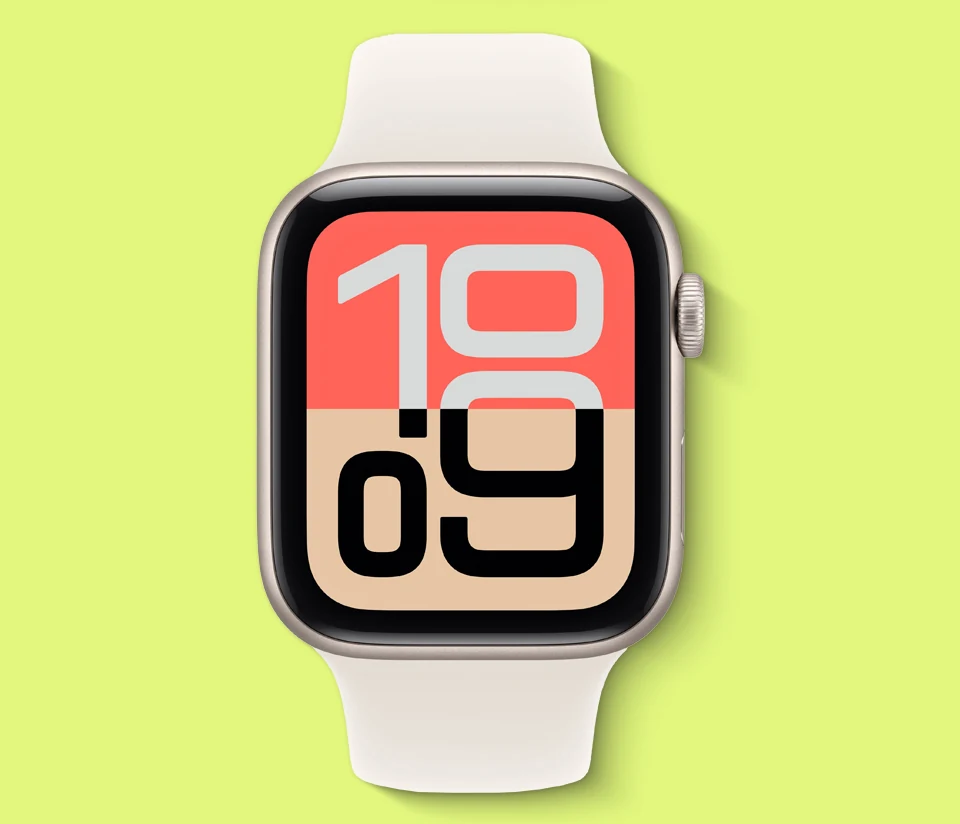 A flat view of the front of an Apple Watch SE 3 with a matching band.