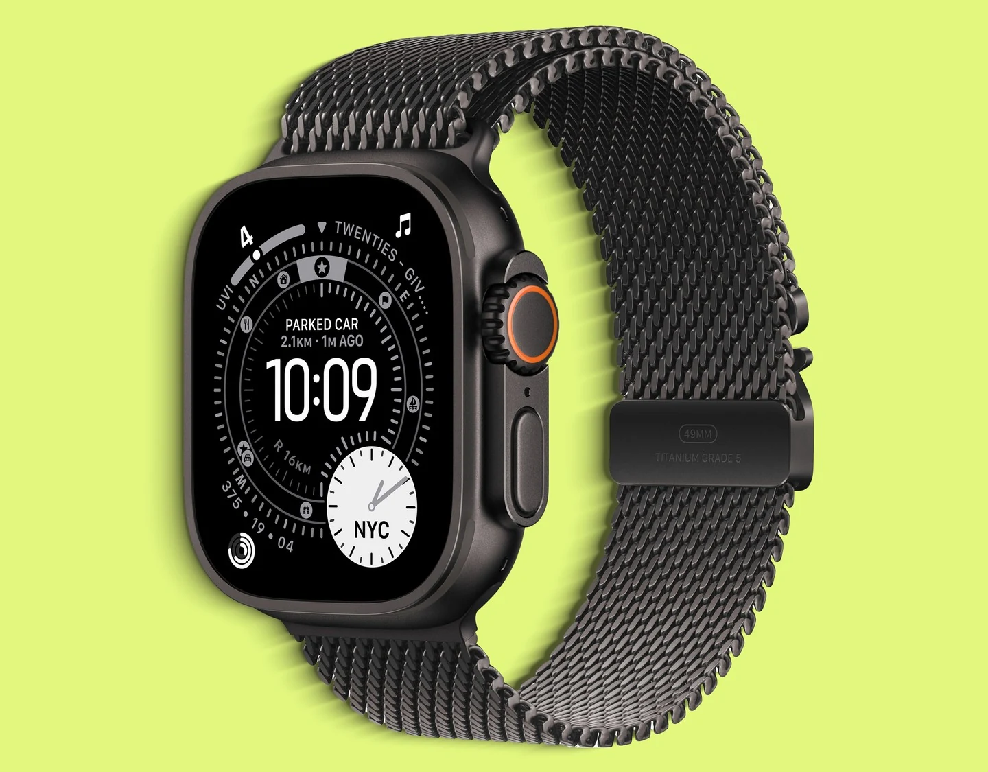 An angled view of an Apple Watch Ultra 3 in Black Titanium showing the color contours.