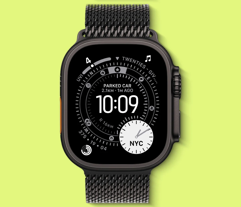 A flat view of the front of an Apple Watch Ultra 3 in Black Titanium.