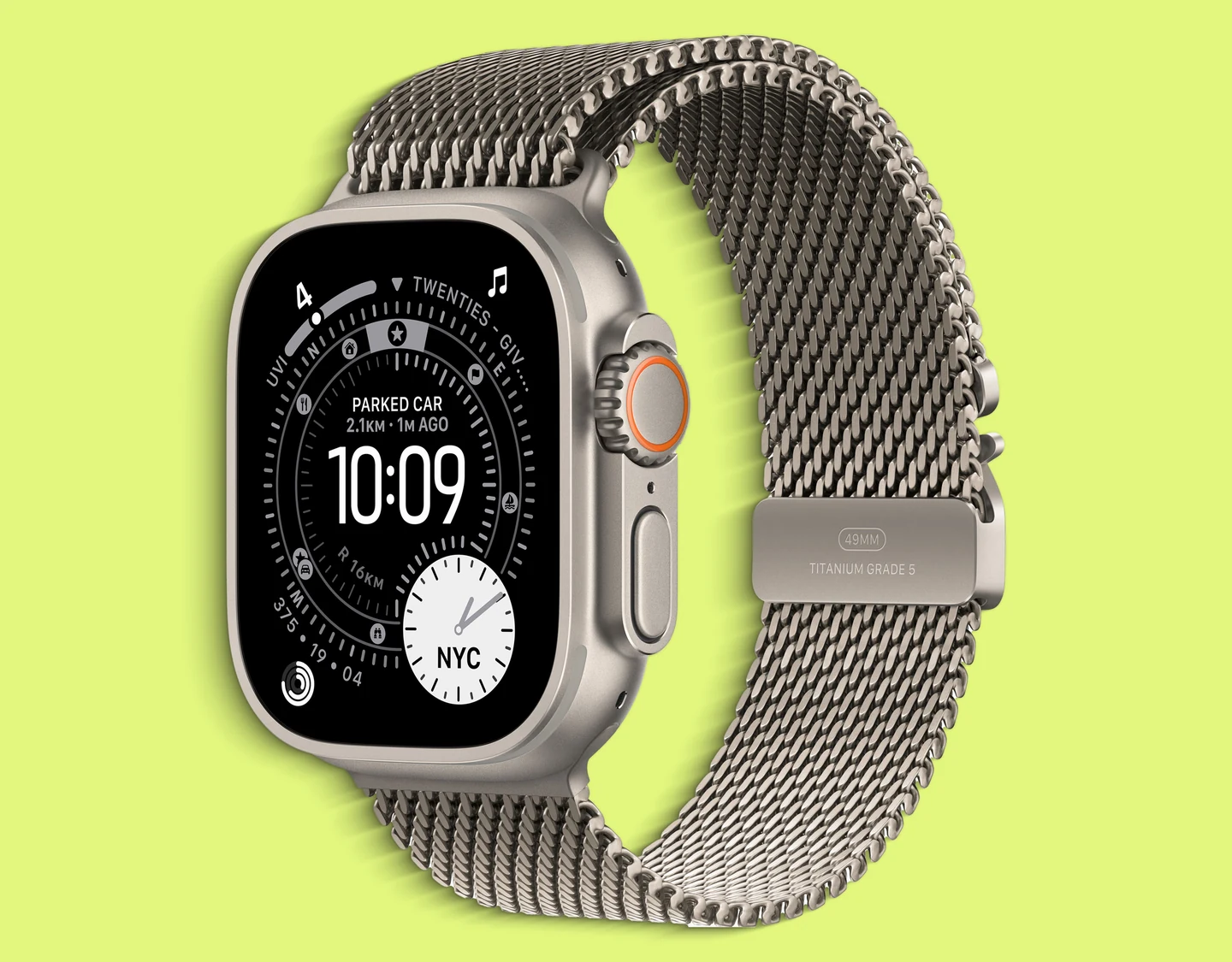 An angled view of the Apple Watch Ultra 3 in Natural Titanium showing the color contours.