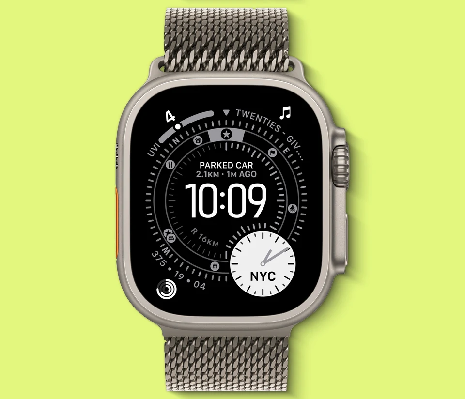 A flat view of the front of an Apple Watch Ultra 3 in Natural Titanium.