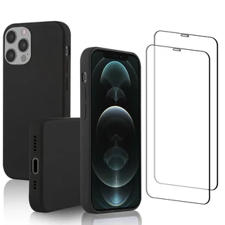 iPhone 12/iPhone 12 Pro case and 2 protective screens - Silicone - Black