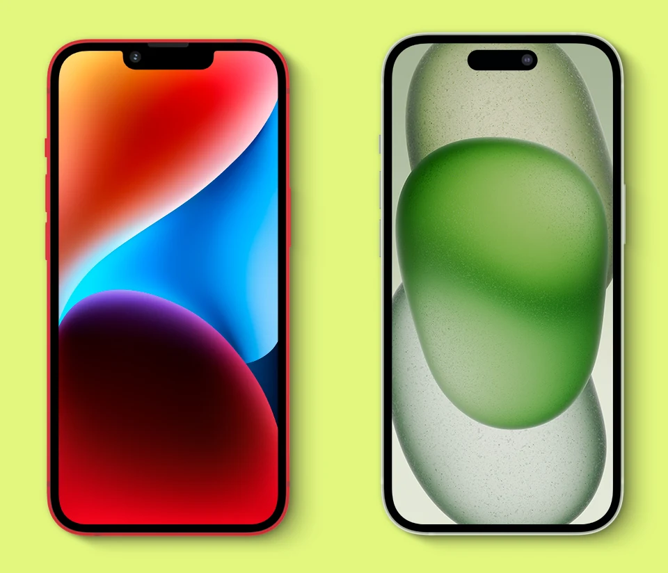 iPhone 14 and iPhone 15 smartphones compared side by side.