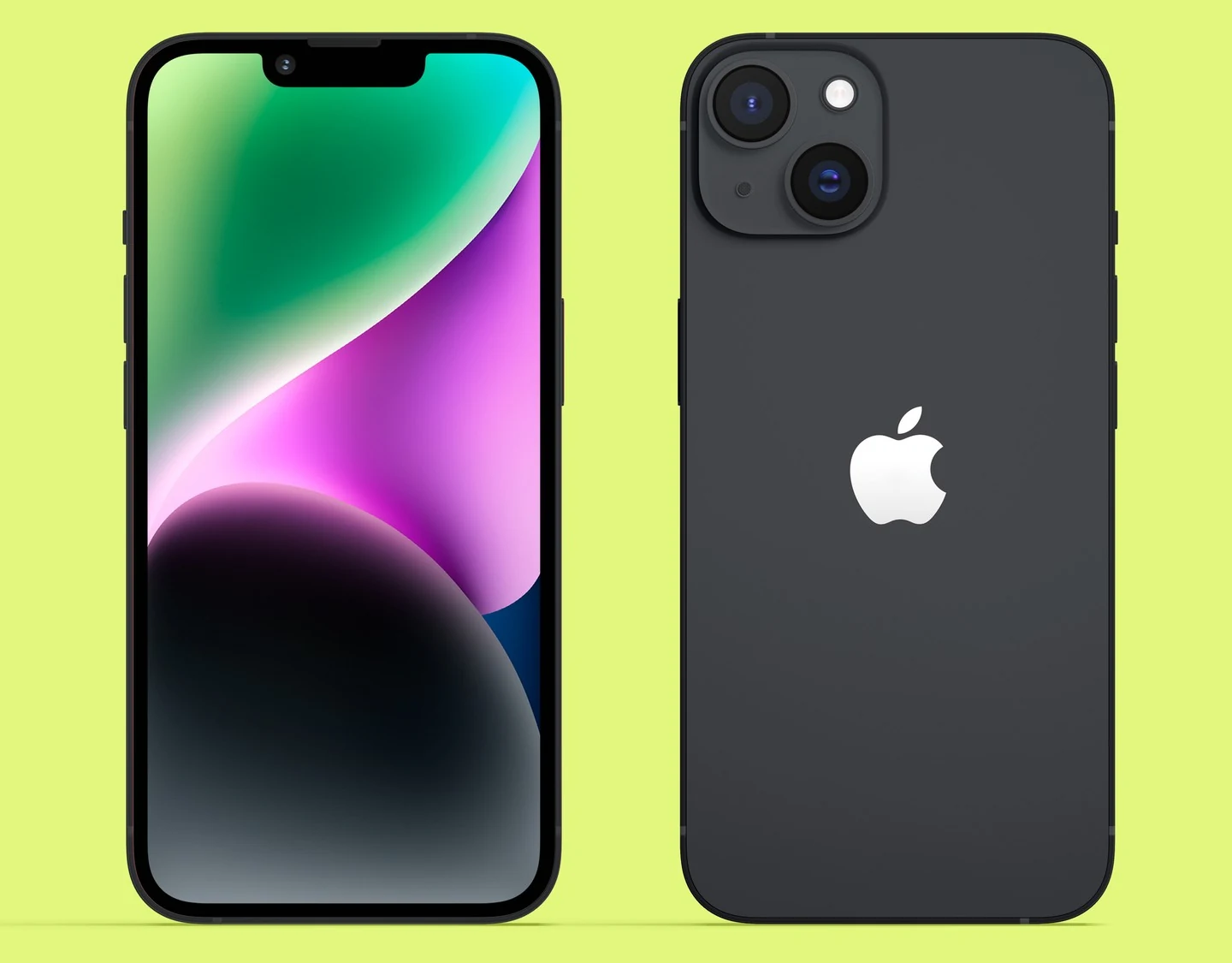 An iPhone 14 in Midnight shown from the front and back.