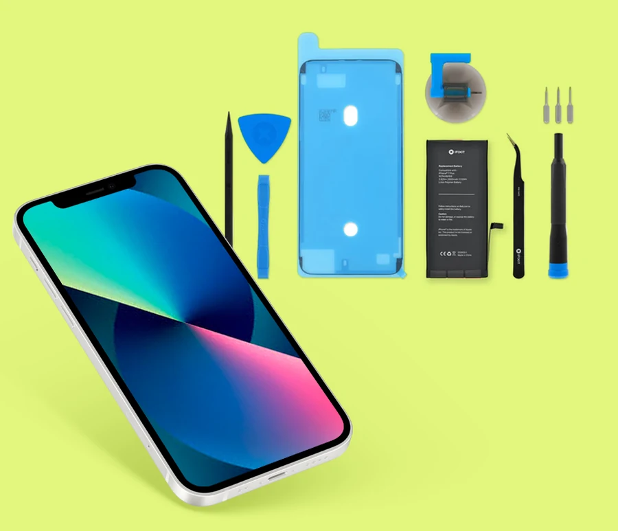 Image of an iPhone next to an iFixit battery replacement kit