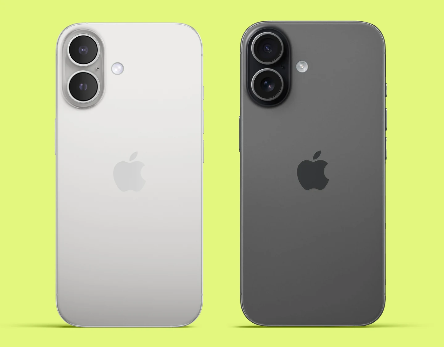 Picture of a base model iPhone 16 next to a base model iPhone 17