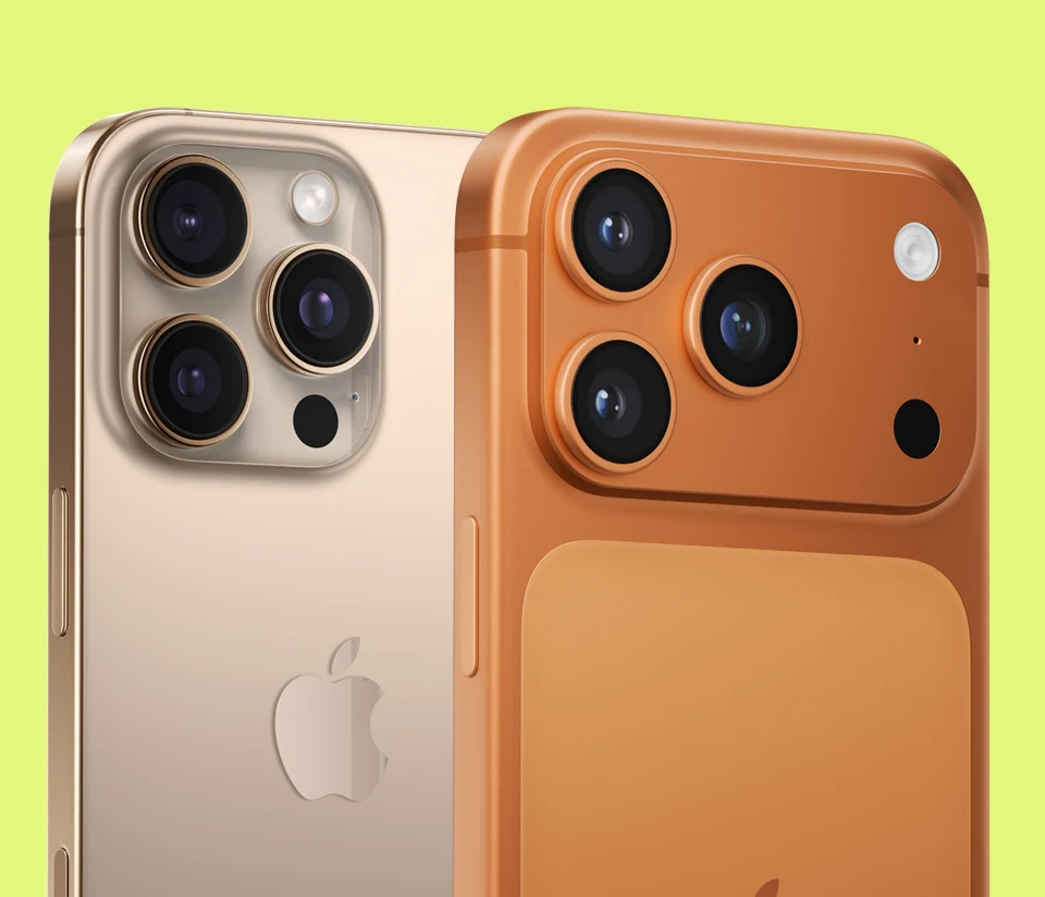 Picture of the back of an iPhone 16 Pro and iPhone 17 Pro showing camera housings