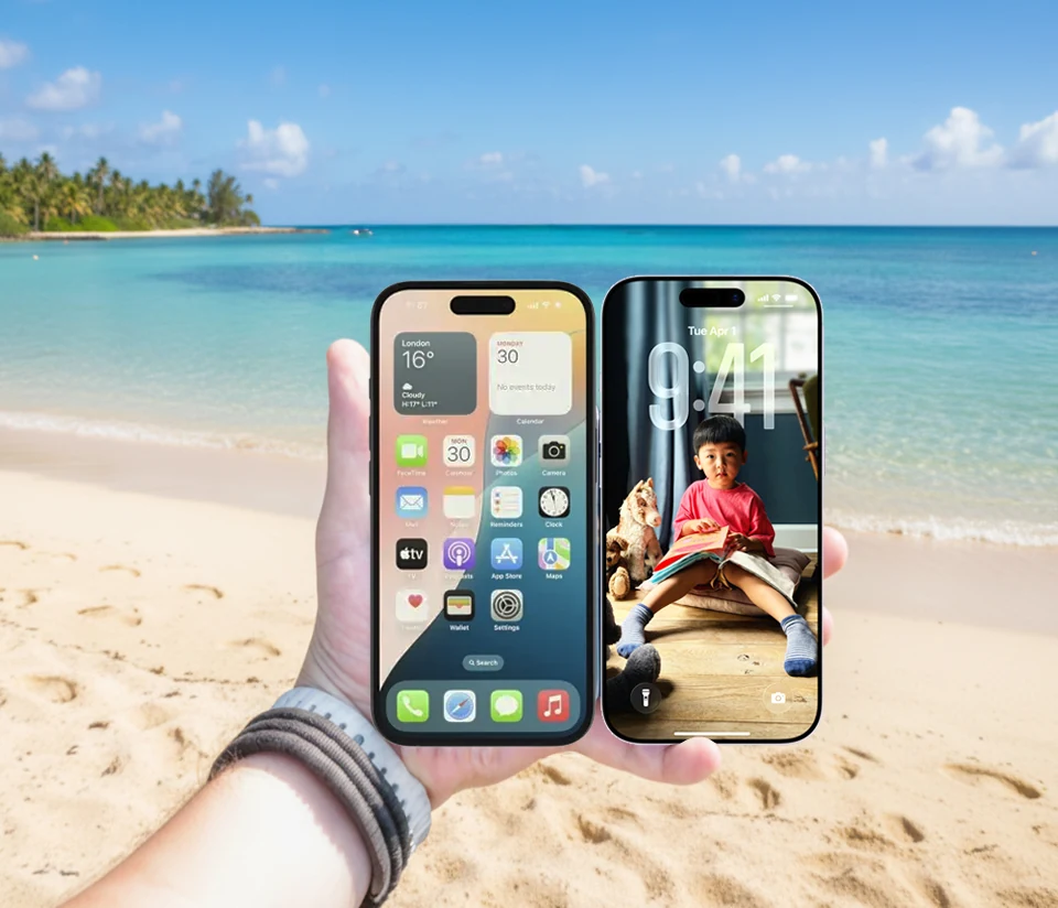 Comparison of iPhone 16 and iPhone 17 showing screen brightness in sunlight