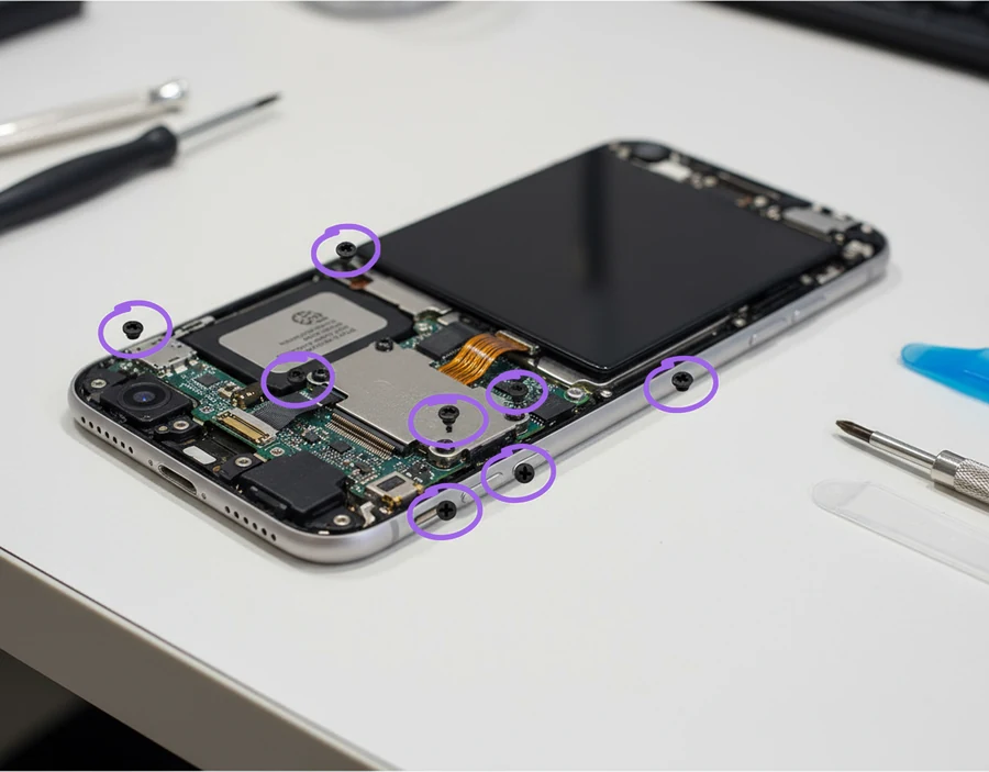 An iPhone with the screen lifted and the inside exposed with the screws of the connector shield highlighted