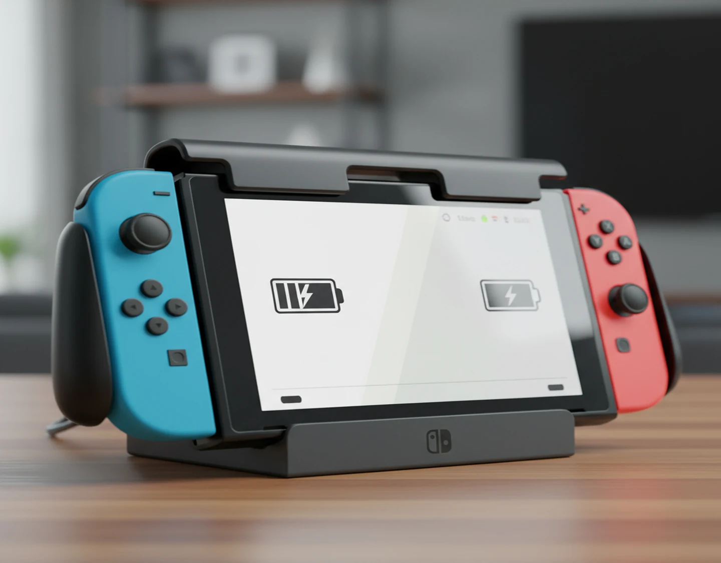 Joy-Con controllers in a Nintendo charging grip connected to the Switch console, showing the charging icon.