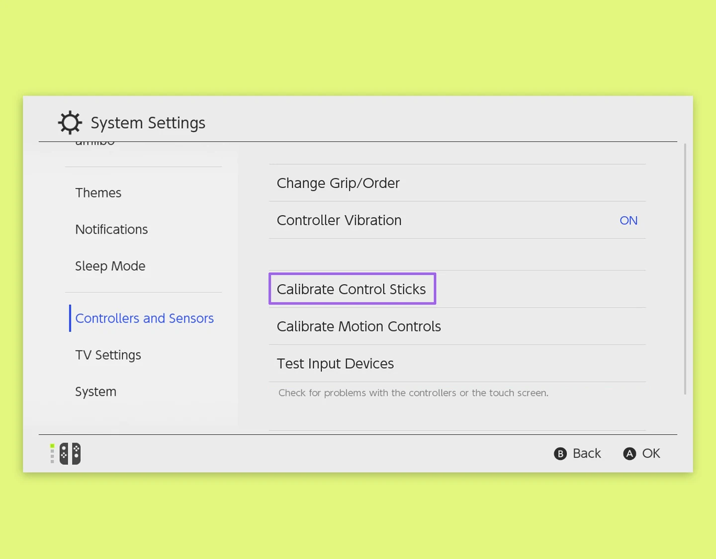 Nintendo Switch screen showing the controller settings menu with calibration options highlighted.