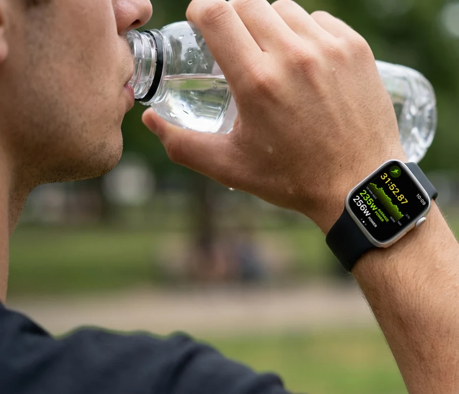 Close-up of Apple Watch 9 face showing a fitness app