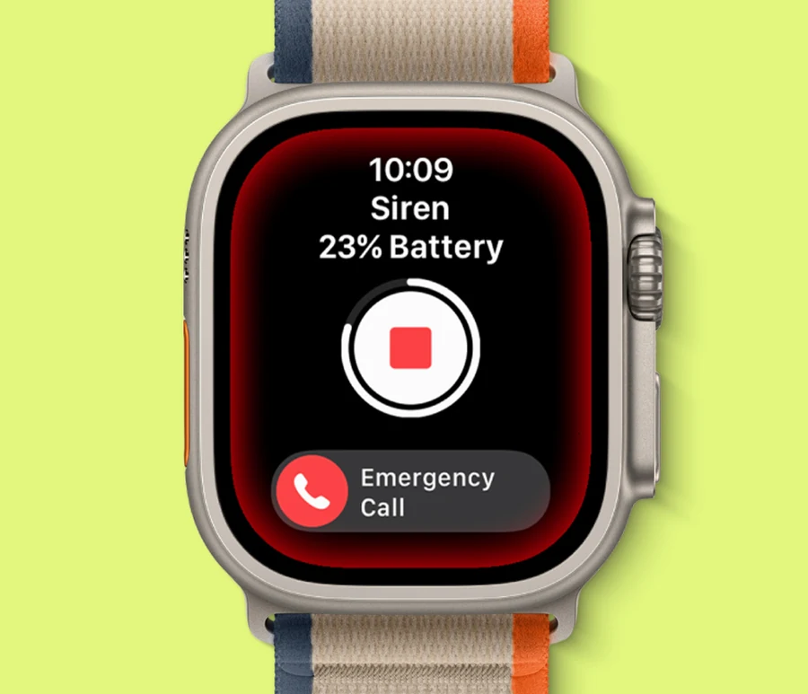 Close-up of Apple Watch Ultra 2 showing fall detection siren going off
