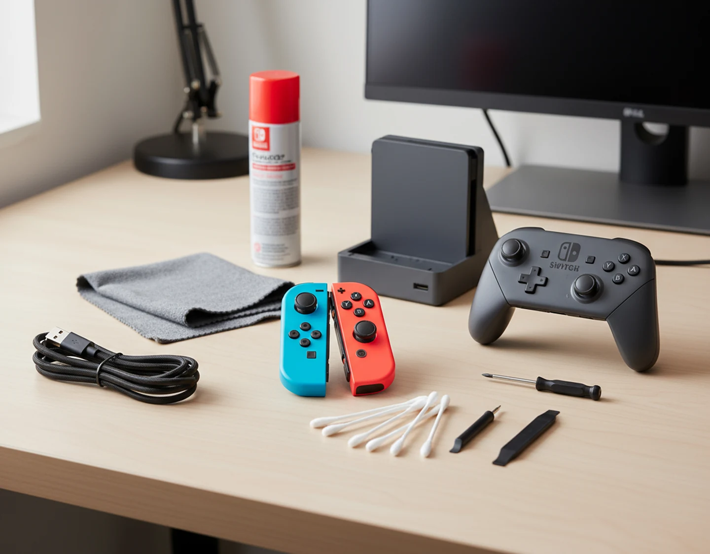 Assorted tools for fixing a Nintendo Switch controller, including cotton swabs, USB-C cable, dock, compressed air, and microfiber cloth neatly arranged.