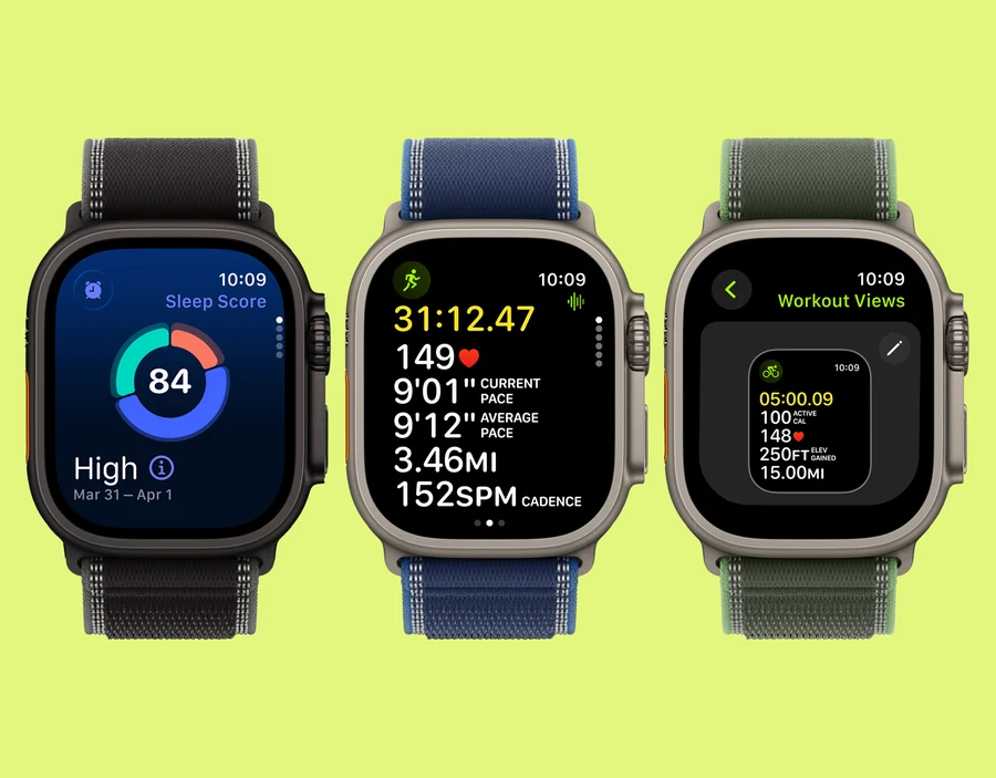 An Apple Watch Ultra 3 showing workout metrics on its display, highlighting fitness and training features.