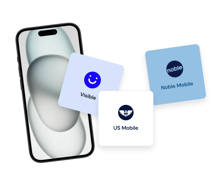 A smartphone alongside cards for the Visible, US Mobile, and Noble Mobile carrier plans