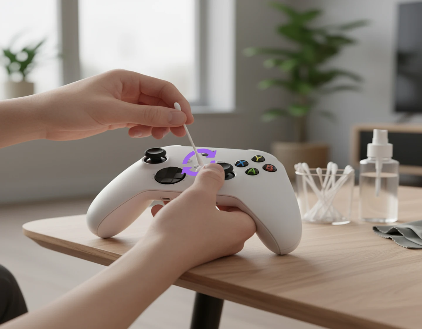 A person using a cotton swab to clean around an Xbox controller’s thumbstick with arrows indicating a circular motion