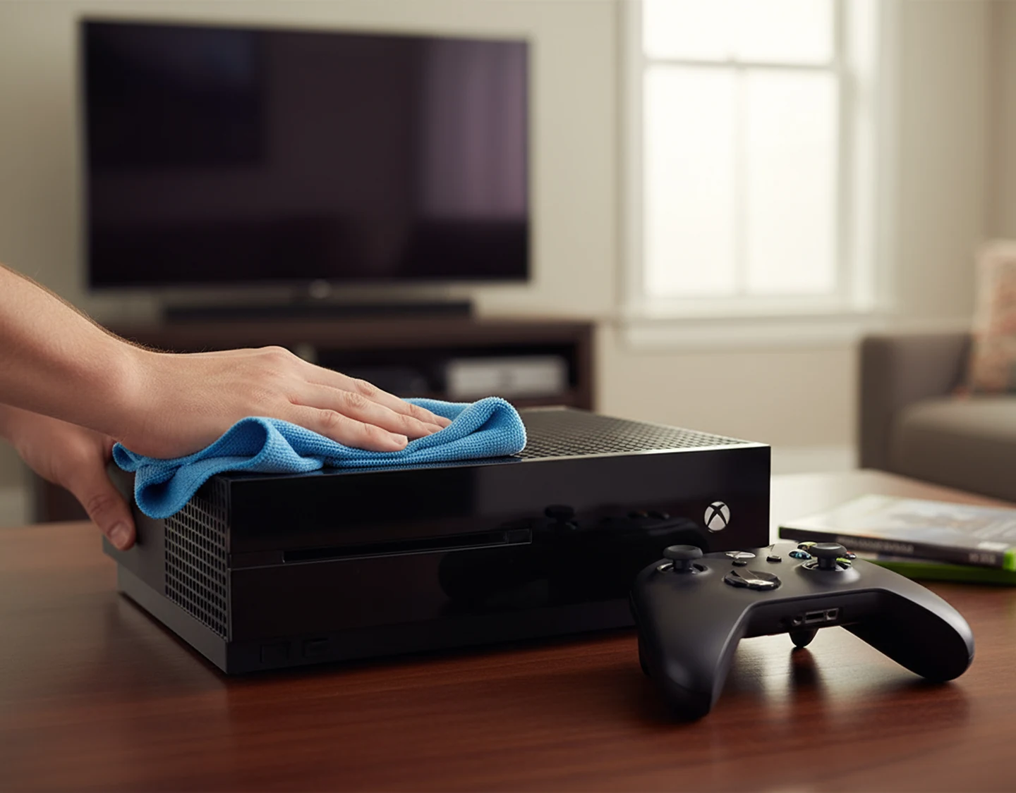 A person cleaning the exterior of an Xbox One console using a microfiber cloth