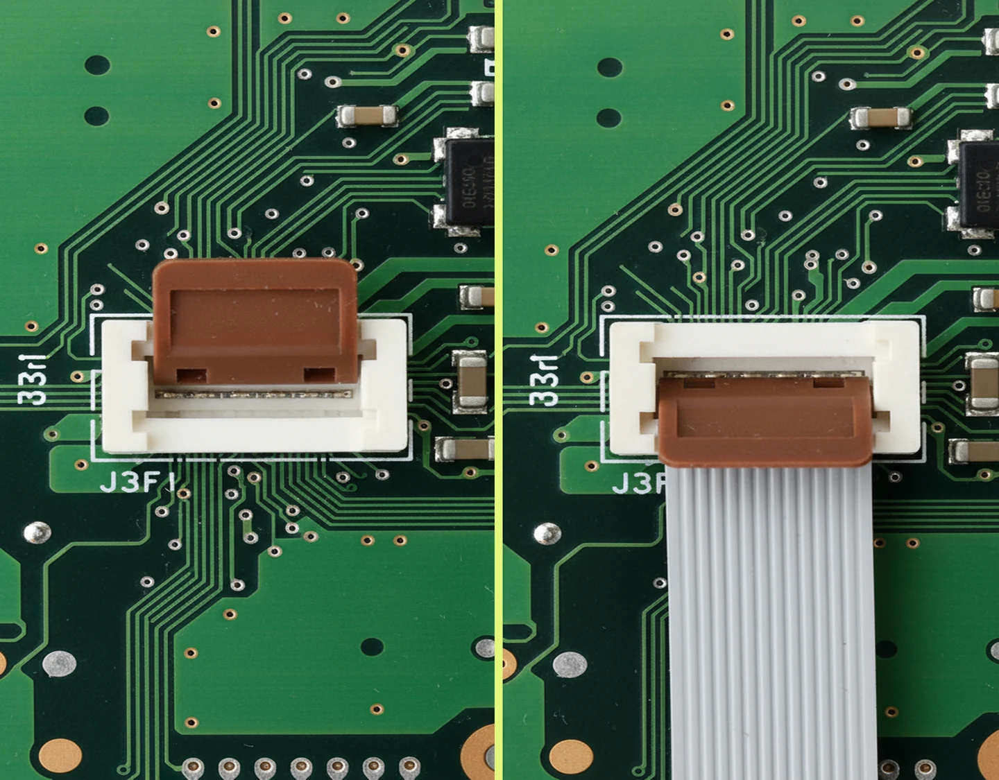 Two side-by-side images of the ribbon cable connector clip: left open, right closed