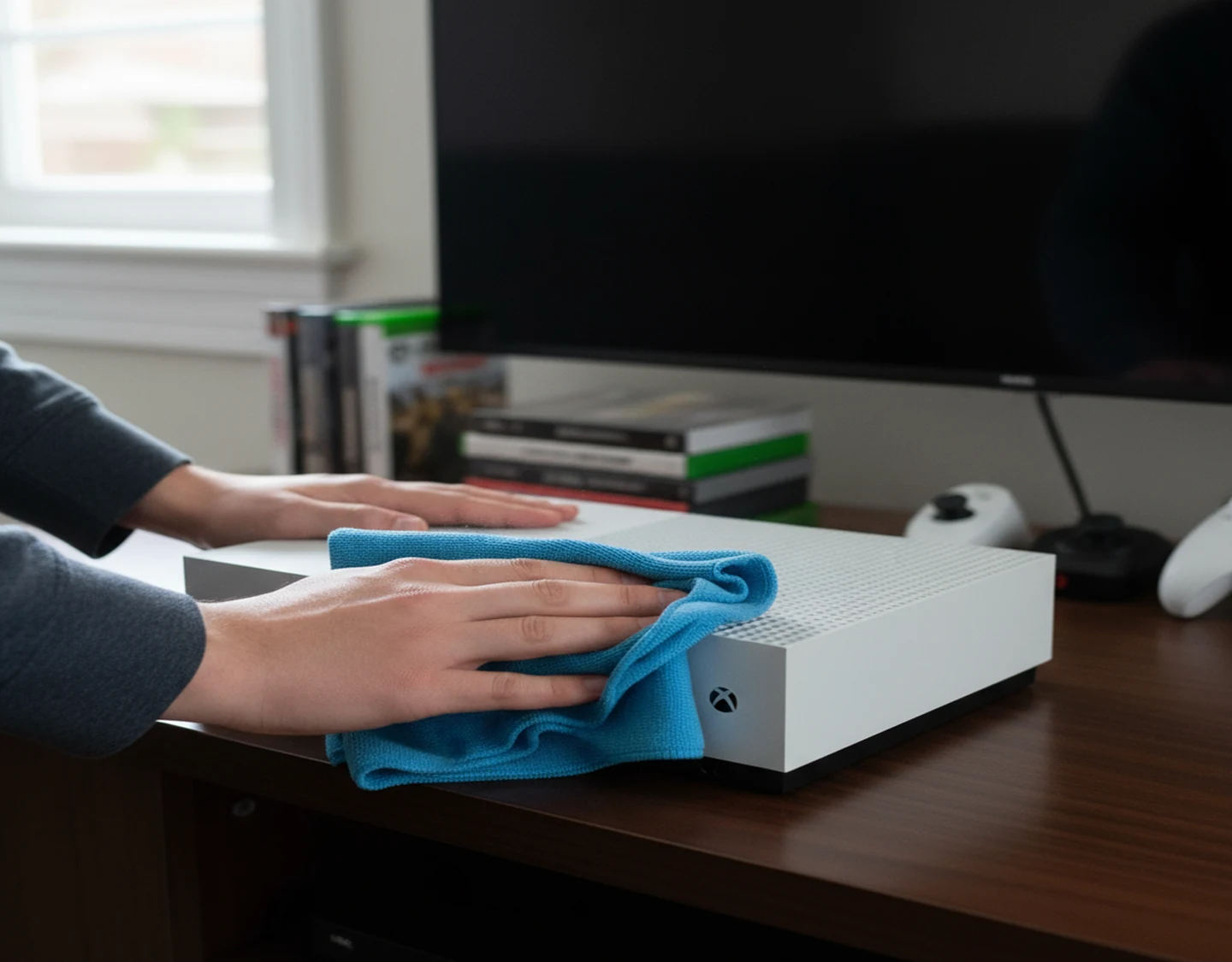 A person cleaning the exterior of an Xbox One S console using a microfiber cloth