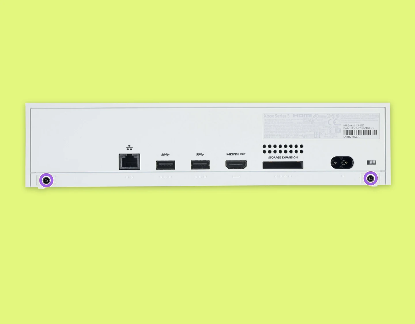 The back panel of the Xbox Series S with screws highlighted