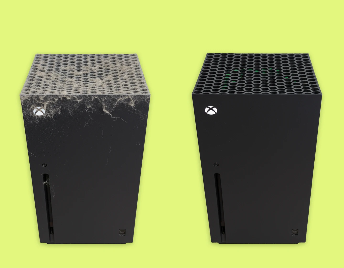 A side-by-side comparison of Xbox Series X vents, one clogged with dust and the other clean and clear.
